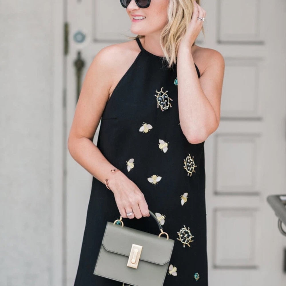 Victoria Beckham 2X halter DRESS Black embellished gold bug bees appliques